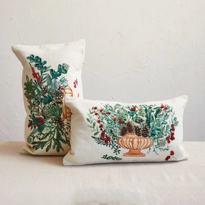 Embroidered Floral Cotton Canvas Lumbar Pillows Set of 2