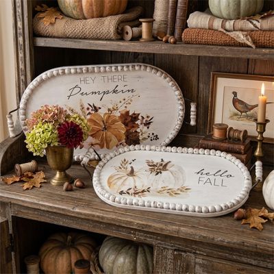 Fall Foliage Beaded Wood Trays Set of 2