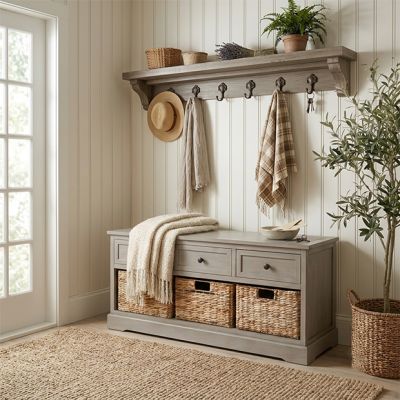 Farmhouse Bench With Wicker Baskets and Drawers