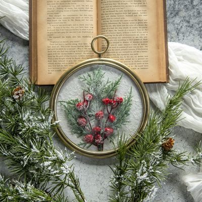Framed Faux Icy Holly Branch