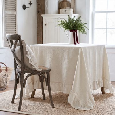 French Embroidered White Ruffled Tablecloth