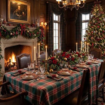 Gathered Christmas Green Plaid Tablecloth