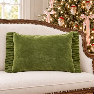 Gathered Grace Ruffled Green Velvet Lumbar Pillow