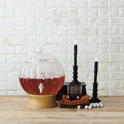 Glass Pumpkin Beverage Dispenser with Wood Stand