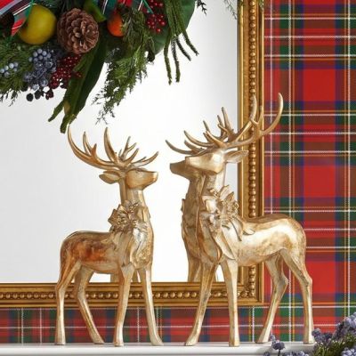 Golden Deer Figurine with Bow Set of 2