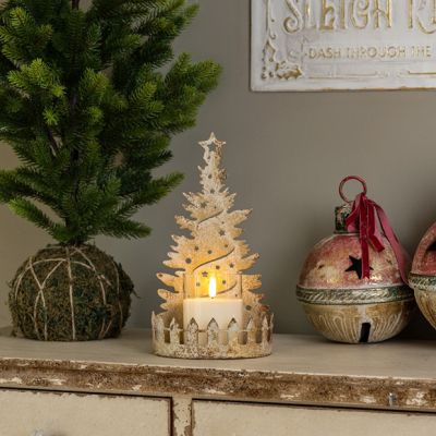 Golden Metallic Christmas Tree Pillar Candle Holder