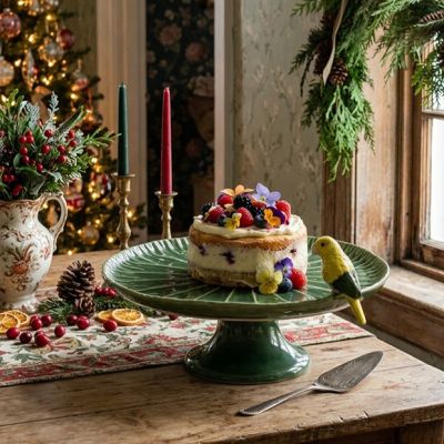 Green Stoneware Cake Pedestal with Bird