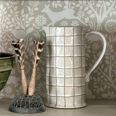 Grid Pattern Stoneware Pitcher With Spout