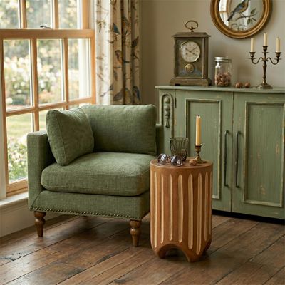 Hand Carved Vertical Striped Wood Side Table Walnut