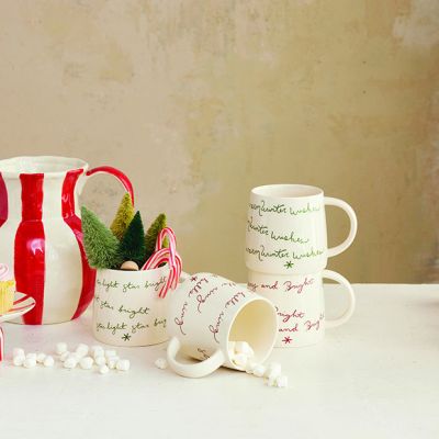 Handwritten Holiday Stoneware Mugs Set of 4