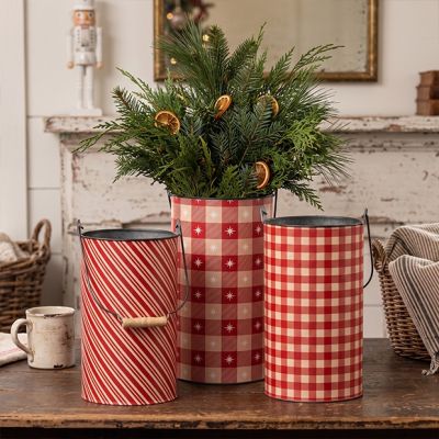 Holiday Wrapped Festive Metal Buckets Set of 3