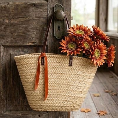 Leather Handled Oversized Straw Tote