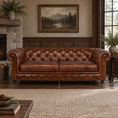Leather Rolled Arm Sofa On Casters