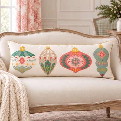 Merry Ornaments Embroidered Lumbar Pillow
