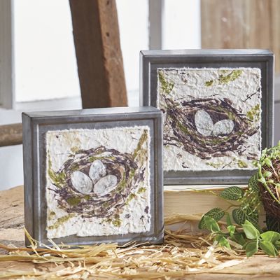 Metal Block Bird Nest Print Set of 2