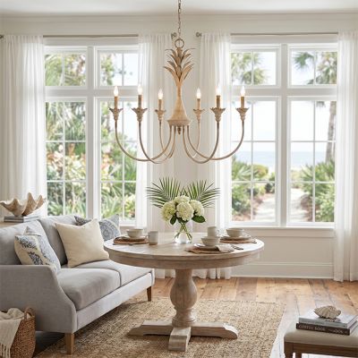 Metal Palm 6 Light Chandelier Antique Ivory
