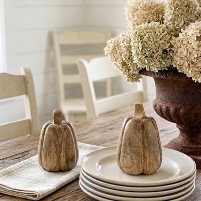 Natural Autumn Carved Wood Pumpkin 6 Inch Set of 2