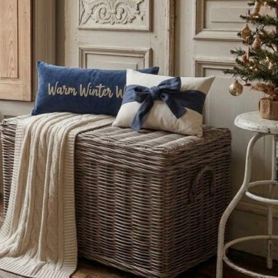 Navy and Natural Bow Wrapped Lumbar Pillow
