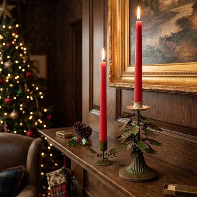 Old World Holly Taper Candle Holder Set of 2