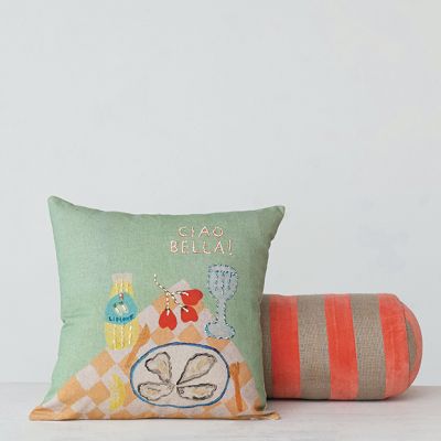 Pink Velvet Stripe and Jute Bolster Pillow