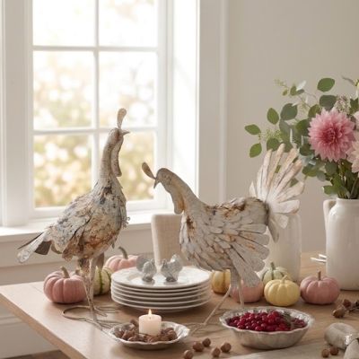 Playful Antiqued White Metal Turkey Figurines Set of 2