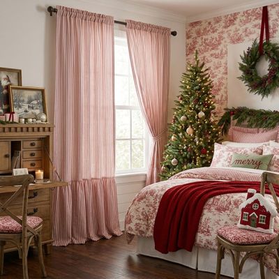 Prairie Cottage Red Stripe Ruffled Curtain Panel Set of 2