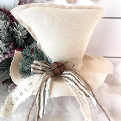 Primitive Natural Frosty Hat with Green Ticking Stripe Bow