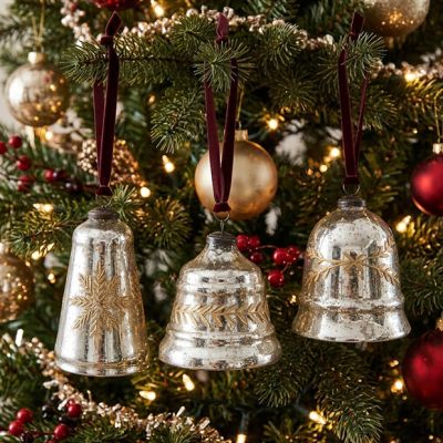 Provence Christmas Etched Glass Bell Ornaments Set of 3