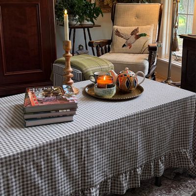 Ruffled Rustic Beige Gingham Check Tablecloth