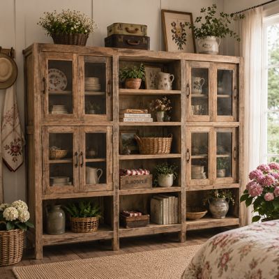 Rustic 8 Door Wood Display Cabinet
