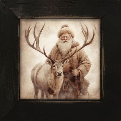 Rustic Framed Vintage Santa With Reindeer Wall Art`