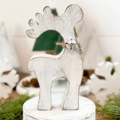 Rustic Wood Distressed Deer with Bell Set of 2