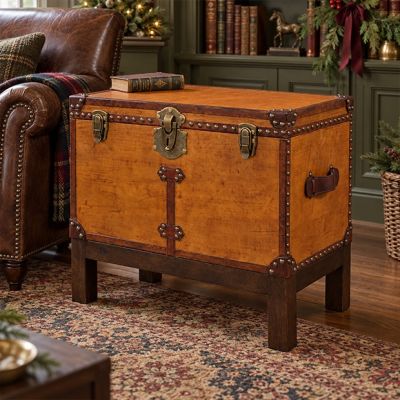 Stained Leather Storage Trunk Stand