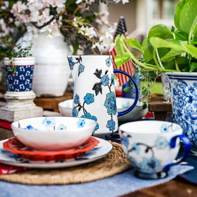 Stamped Blue Floral Stoneware Pitcher