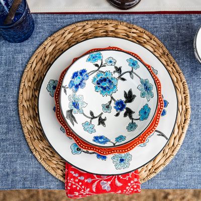 Stamped Blue Floral Stoneware Plate 8 Inch