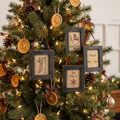 Stitched Christmas Greetings Framed Canvas Set of 4