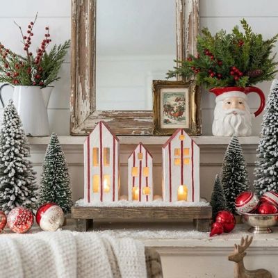 Striped Paper Mache Village House Set of 3