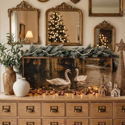 Swans Along A Quiet Riverbank Framed Wall Art