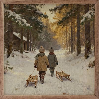 Two Kids Walking With Sled Wall Art