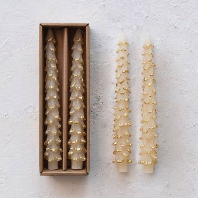 Unscented Tree Shaped Eggnog Taper Candle Gold Edge Set of 2