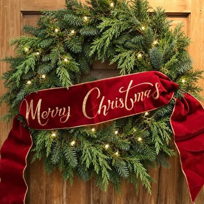 Velvet Embroidered Merry Christmas Wreath Sash Red