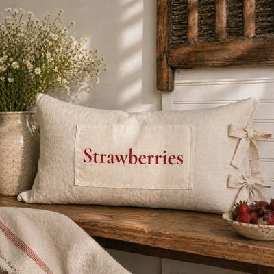 Vintage Feed Sack Strawberries Pillow with Bows