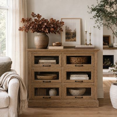 Weathered Oak Glass Drawer Accent Cabinet