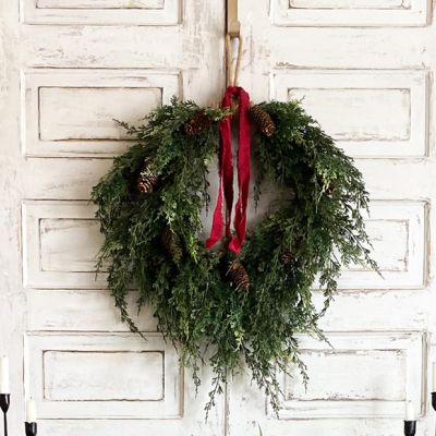 Weeping Faux Cedar and Cones Hanging Wreath 28 Inch