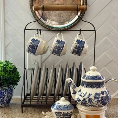 Wood Handled Farmhouse Plate And Cup Rack