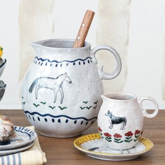 2 Piece Hand Painted Stoneware Pitcher and Creamer Set