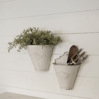 Aged White Metal Farmhouse Wall Buckets Set of 2