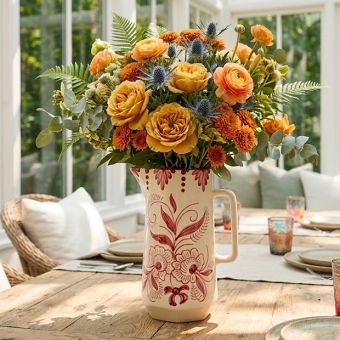 Beautiful Botanical Hand Painted Stoneware Pitcher