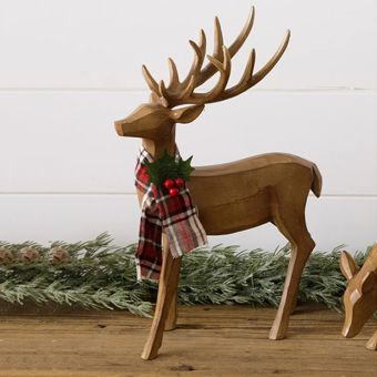 Carved Deer Figurine With Plaid Scarf