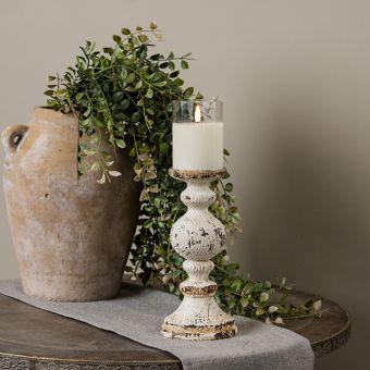 Chippy White Wood and Metal Pillar Candle Holder 9.75 Inch
